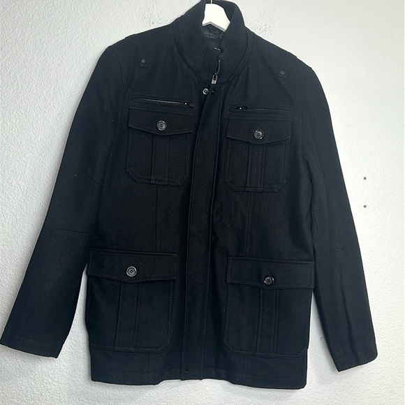 Guess Men’s Size Large Black Wool Blend Coat Multiple Pockets Full Zip - Picture 1 of 13